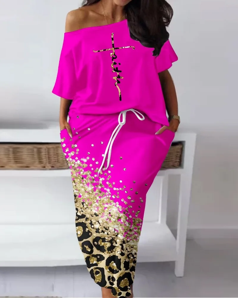 Summer Elegant African Women Half Sleeve Polyester Printing 2pieces Top Long Skirt Matching Sets African Clothes Women