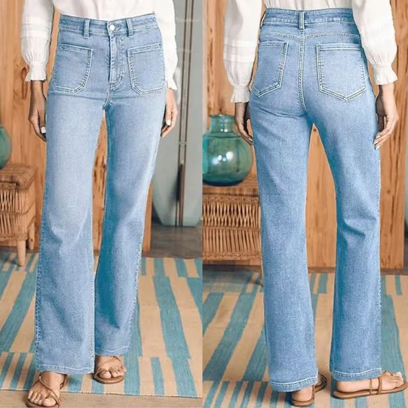 Mulheres denim jeans sólido jean bolso zíper voar império cintura comprimento total calças retas médio estiramento senhora do escritório 2025 outono