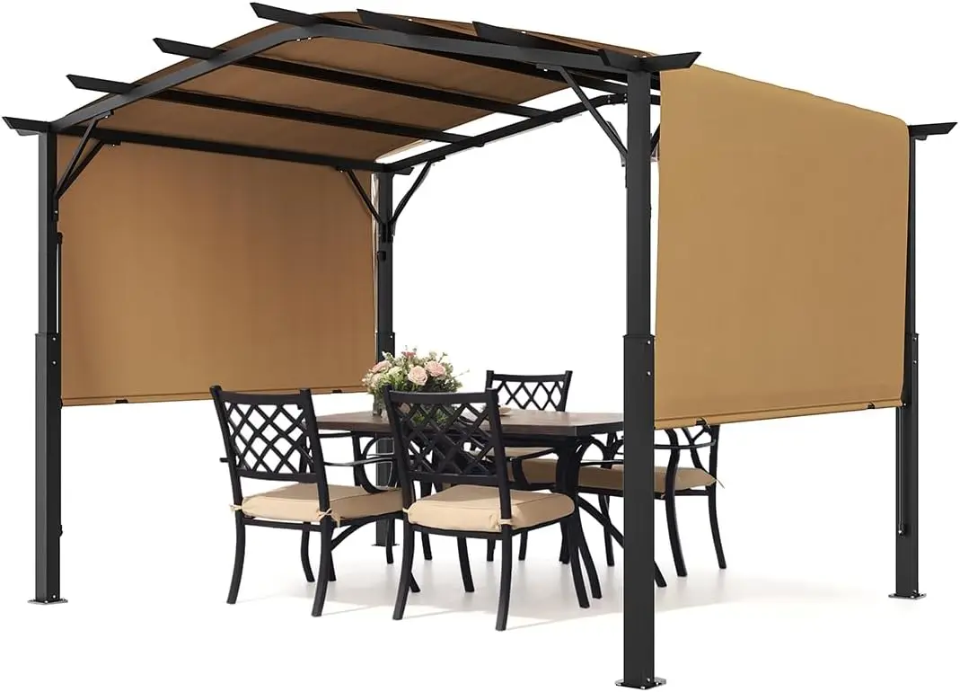 10 X 10 Ft Outdoor Pergola, Arched Top Metal Pergola, Retractable Pergola with Sun Shade Canopy, Large Patio Shelter Pavilion