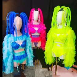 Anime Cosplay Costume Fluorescent Green Gauze Tops Bikini Headgear Rave Outfit Bar Nightclub Party Gogo  Performance Stage Wear