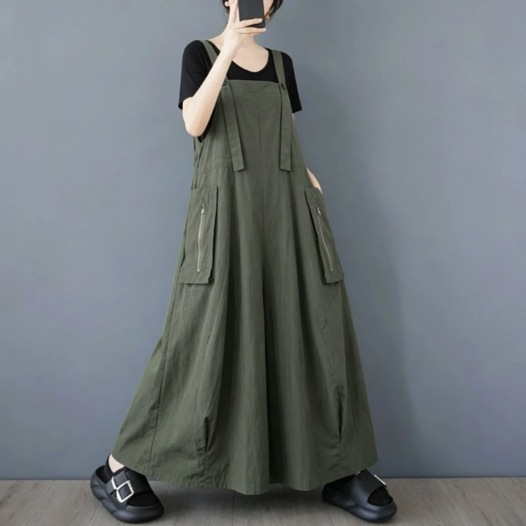 Korean Style Loose Wide Pocket Zipper Design Halter Dress Adjustable Back Cord Slimming Long Skirt Casual High Waist Cotton P...