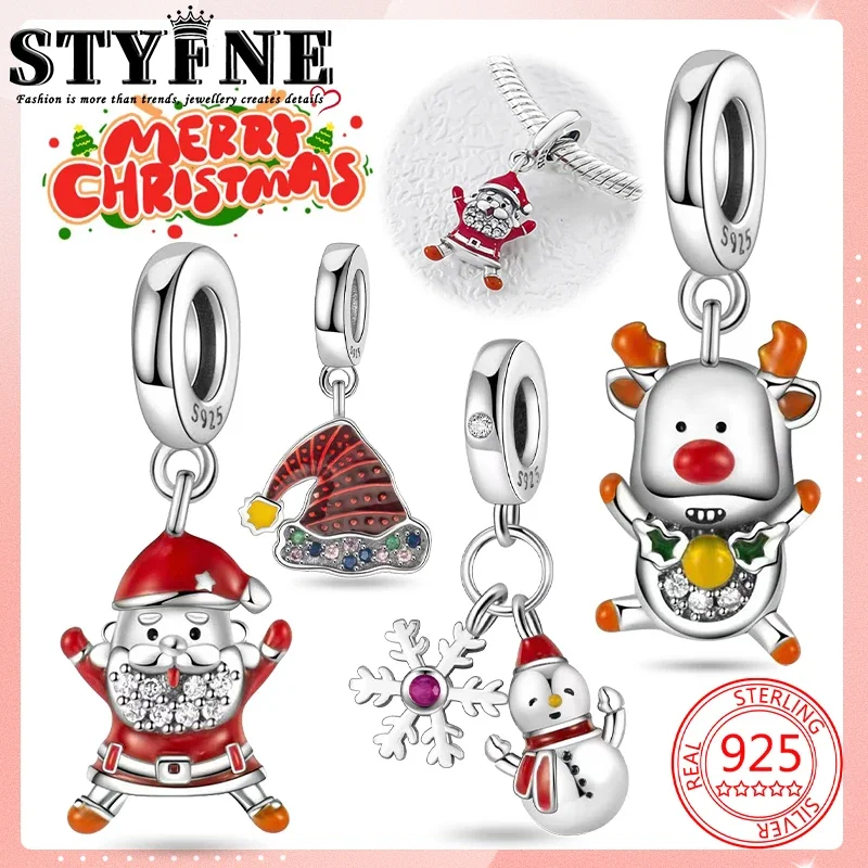 Symbols 2025 NEW Year Beads 925 Sterling Silver Red Christmas Hat Santa Claus Cute Elk Snowman Charms Bracelets Jewelry