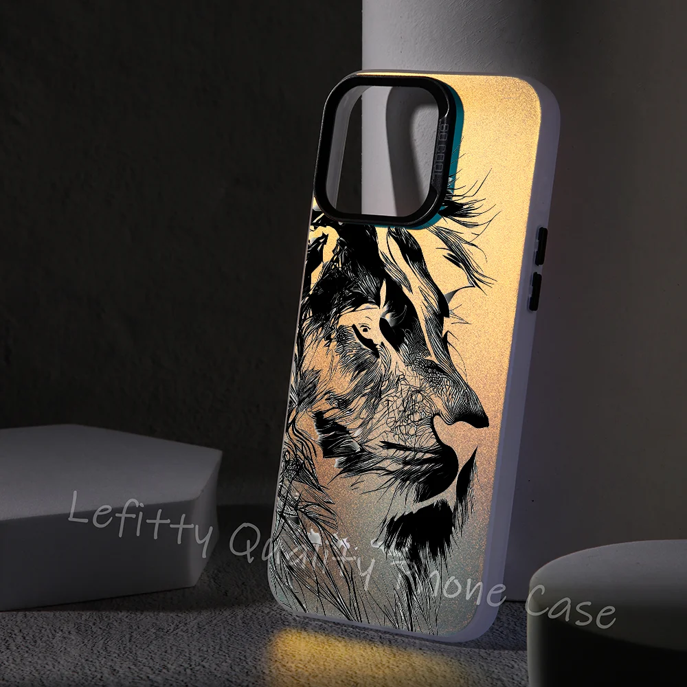 

Lion Head Pattern Phone Case Laser Metallic For IPhone 16 15 14 13 12 11 Pro Max Matte Aurora Multicolor Gradient Cover