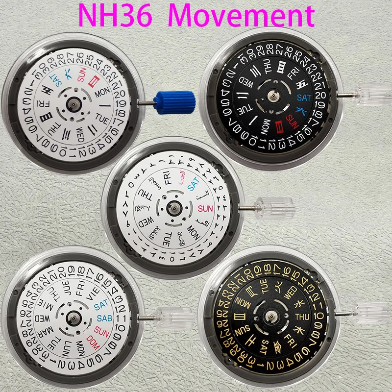 Japan Genuine NH36 Movement Multilingual Datewheel Crown at 3.0/3.8/4.1/O'clock NH36A Movement Day-Date at 3:00 Black/White Disc