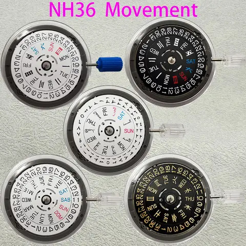 Japan Genuine NH36 Movement Multilingual Datewheel Crown at 3.0/3.8/4.1/O'clock NH36A Movement Day-Date at 3:00 Black/White Disc