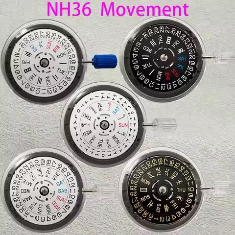 Japan Genuine NH36 Movement Multilingual Datewheel Crown at 3.0/3.8/4.1/O'clock NH36A Movement Day-Date at 3:00 Black/White Disc