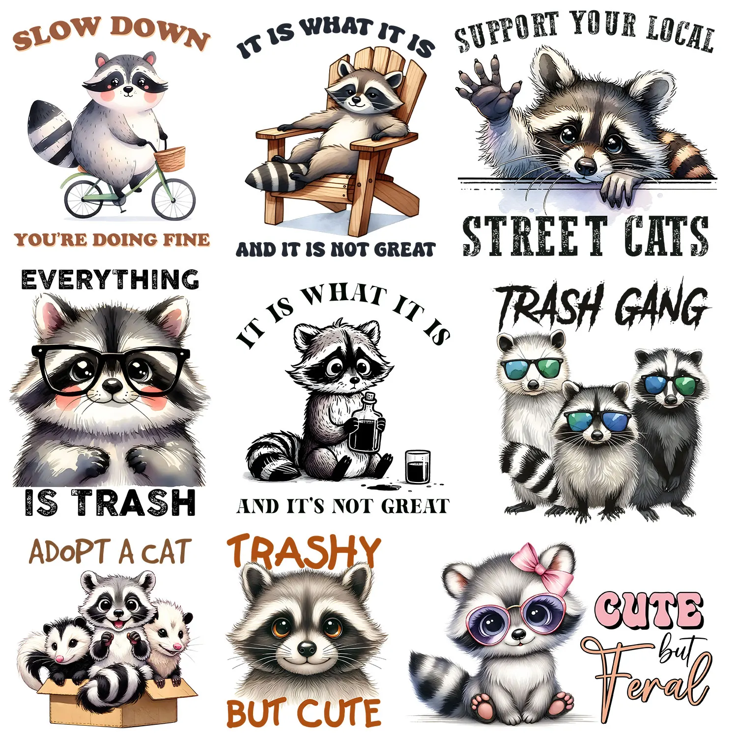 Raccoon Cute Cool Feral Cartoon Animal Sticker Iron on Decals Patches for Clothes High-Quality Washable Prints Diy Craft