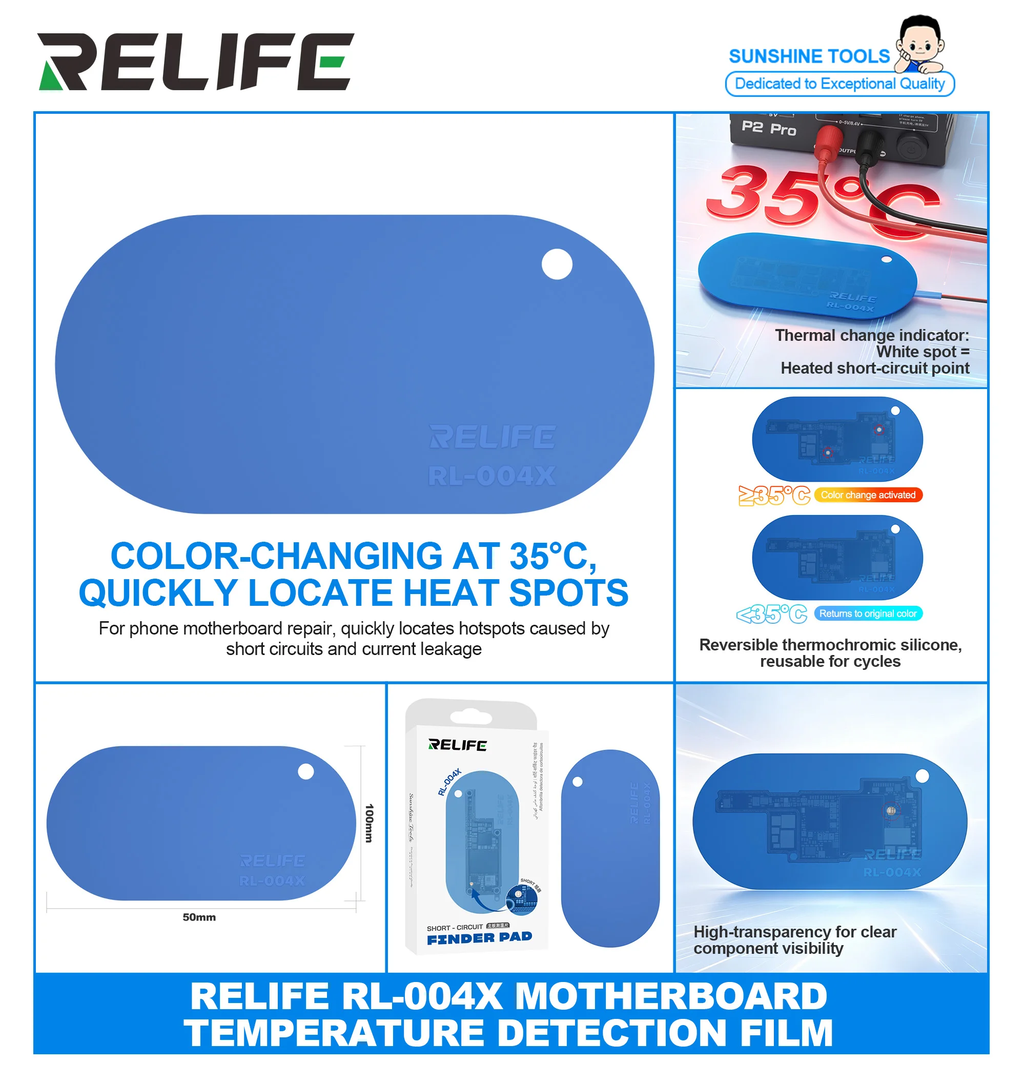 RELIFE RL-004X Motherboard Short Circuit Finder Pad 35C Thermochromic Color Change Test Sheet for Phone Mainboard Fault Detectio