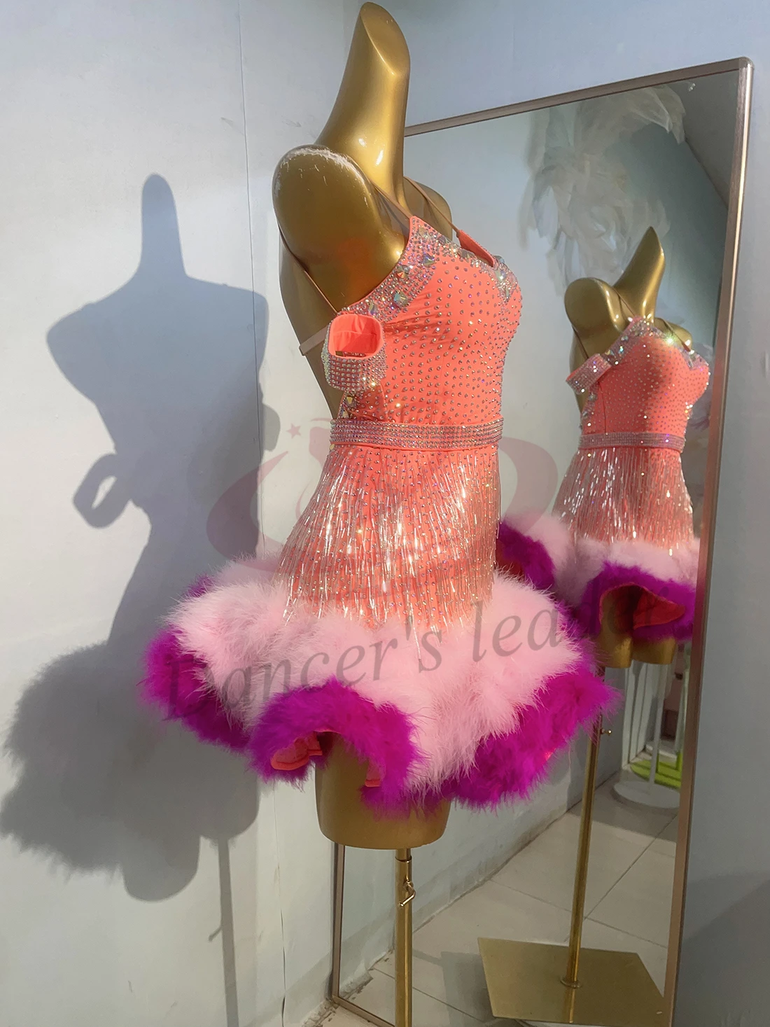 Latin Dance Costume, Rhinestone Women's Clothing, High-end Customized Two-color Plush Skirt, Samba Performance Dress