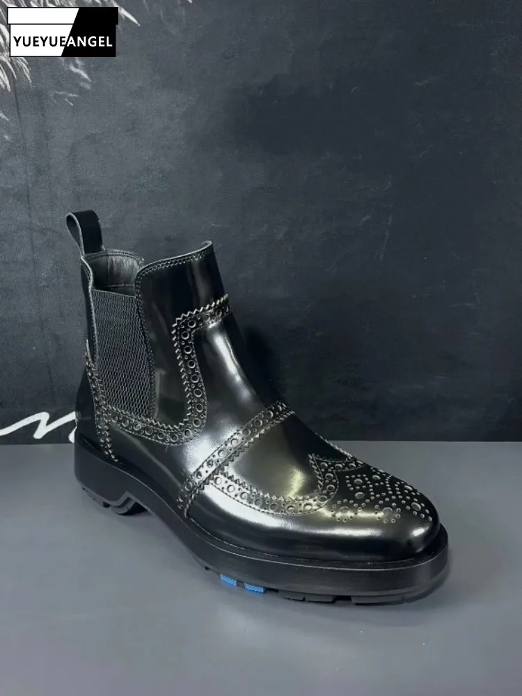 

Business Men Chelsea Boots Winter High Top Cowhide Leather Shoes British Style Retro Black Carved Genuine Leather Ankle Footwear