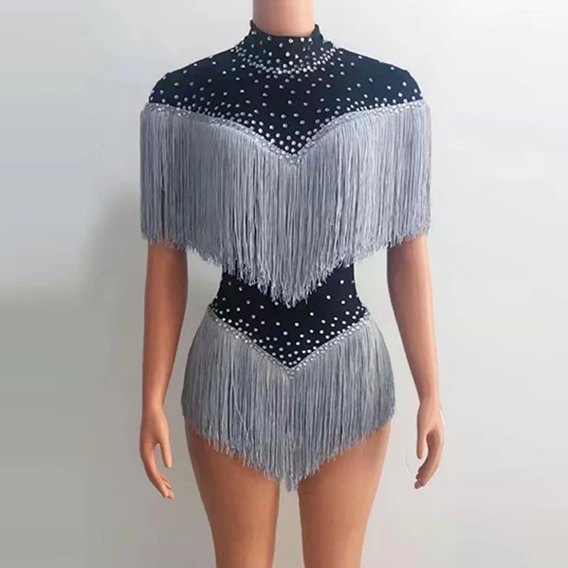 Mehrfarbiger Strass-Fransen-Overall, Sänger, Tänzer, Bühnenkostüm, Drag Queen, Stretch-Body, Nachtclub, Bar, Rave-Outfit yj004