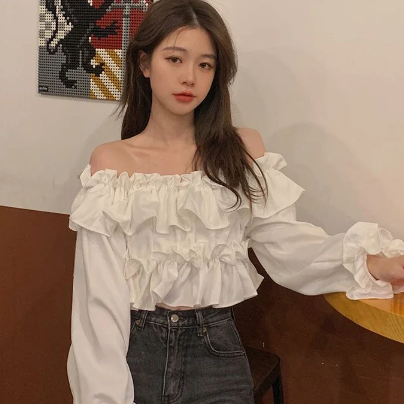 Slash Neck Blouses Women Vintage Temper Female Mature Summer Thin Ruffles Design Aesthetic New Korean Style Slim Hotsweet Tops