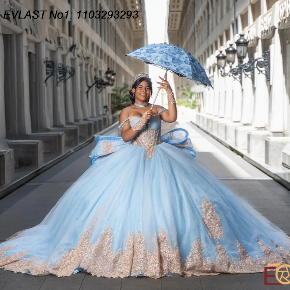 EVLAST Personalizzato Lucido Blu Floreale Abito Quinceanera Abito di Sfera Oro Applique di Pizzo Che Borda Dolce 16 Abiti Da 15 Anos E1QN643