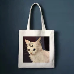 Sevimli kedi alışveriş çantası Shopper çanta Tote kanvas çanta Harajuku kullanımlık büyük kapasiteli Kawaii kadınlar rahat omuzdan askili çanta çanta