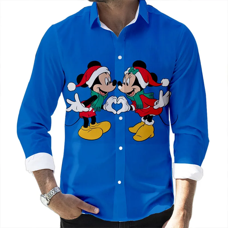 Camiseta de manga larga con estampado 3D de Winnie the Pooh y Mickey para hombre, camisa con solapa, ajustada, estilo Harajuku, Y2K, para Navidad y otoño