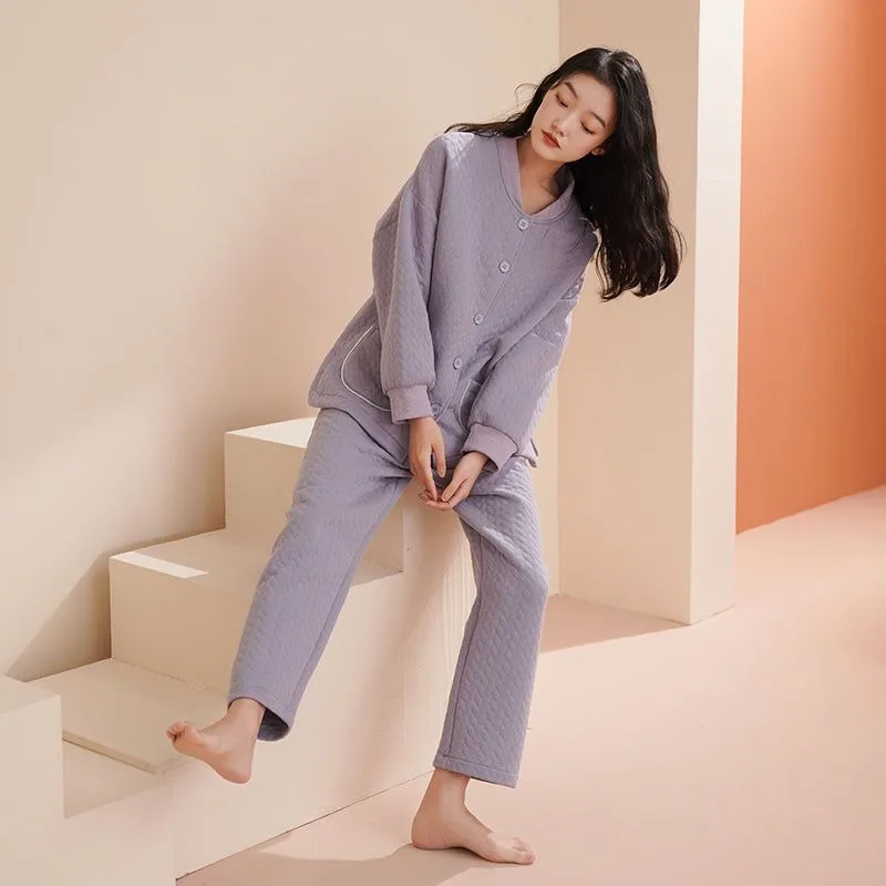 Pajama Women's 2023 Autumn and Winter Air Thin Interlayer Loungewear Sweet Purple Loose Large Size Homewear Suit Two Piece Set