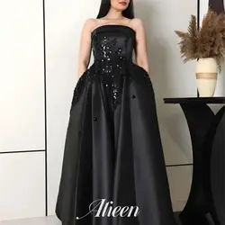 Aileen Strapless Black Satin Sequins Graduation Dresses for Special Occasions Elegant Wedding Party Dress Evening Woman Gala