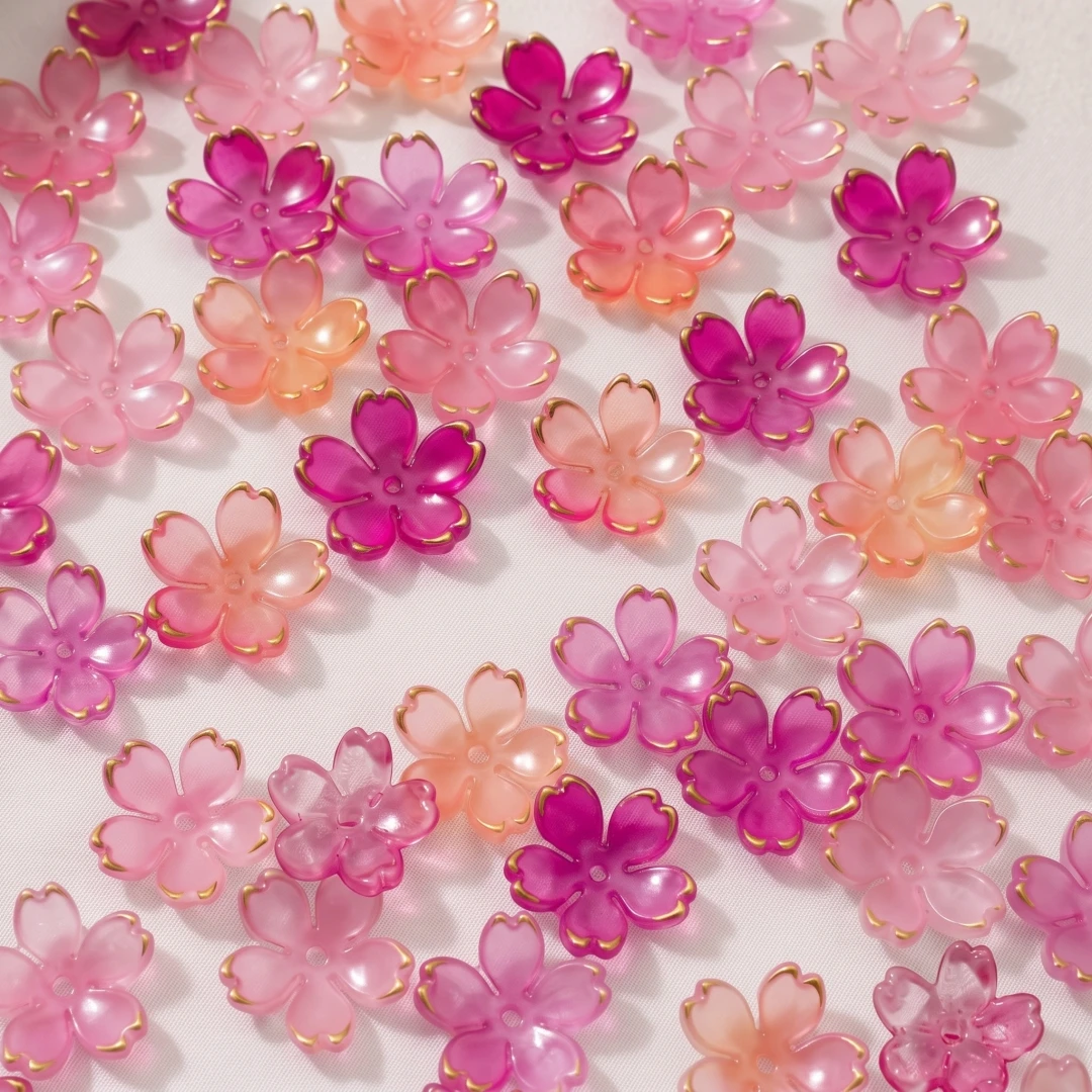 50pcs Cherry Blossom Beads 5-Petal Gradient Light Pink Acrylic with Gold Edge Mini Flower Beads Spacer Charms for Jewelry Making