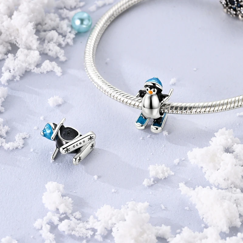 Abalorios de plata de ley 925 originales, cuentas de copo de nieve de invierno, muñeco de nieve, pingüino Igloo, colgante apto para pulsera, dijes, regalo de joyería para mujer