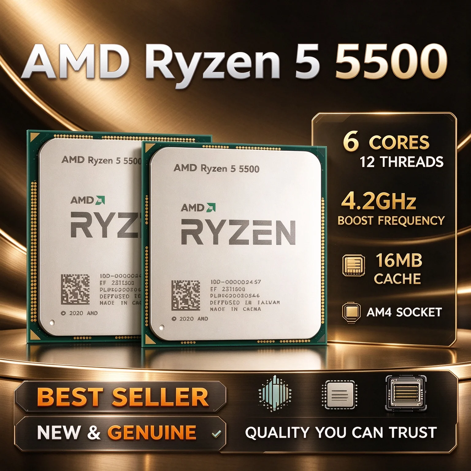 65W TDP Processor AMD Ryzen 5 5500 AM4 CPU 6 Cores 12 Threads 4.2GHz Boost Frequency 16MB L3 Without Fan Cooler