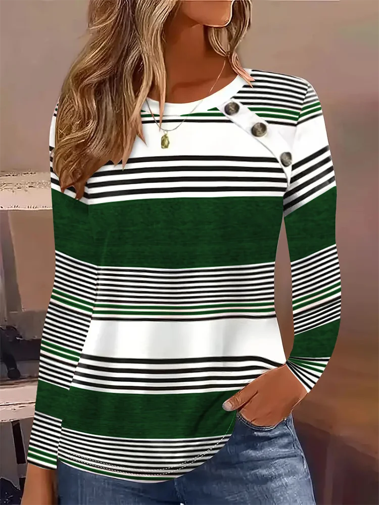 5 Colors Striped Long Sleeved Round Neck Button T-Shirt Women's Casual Pullover Autumn Trendy Top