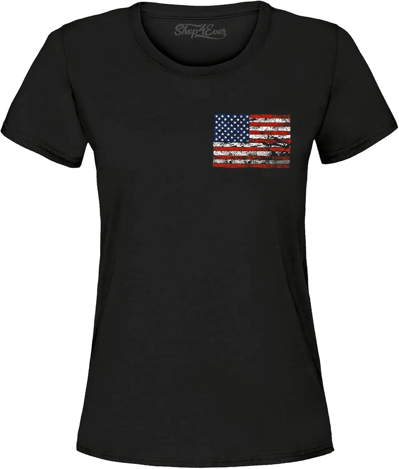 shop4ever Distressed American Flag Pocket Size USA Patriotic 4th of July Women's T-Shirt