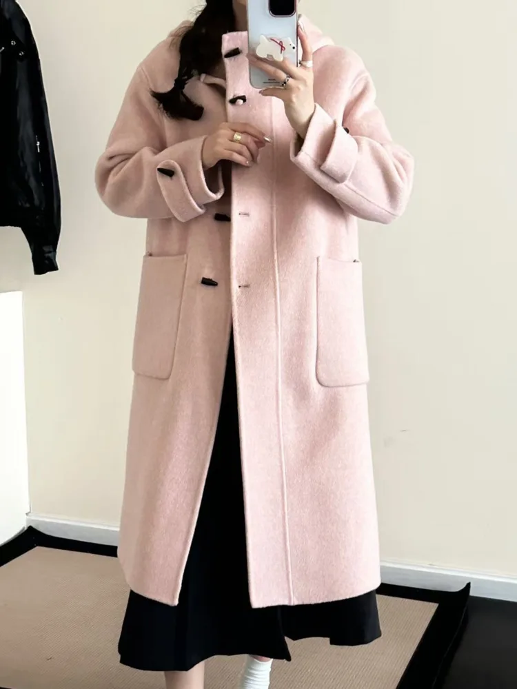 معطف نسائي كاجوال من ZMEENNA باللون الأزرق الفاتح مع قلنسوة من مزيج الصوف مع جيوب وإغلاق بزر تبديل وتفاصيل الكفة ZM3713