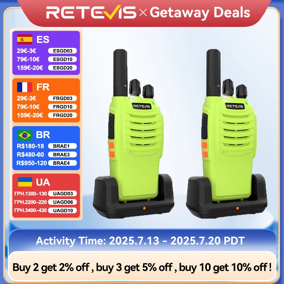 

Retevis H777 Green walkie talkie 2Pcs Portable PMR446 FRS Two-way Radio long range VOX Type-C Walkie-Talkie for Camping Hiking
