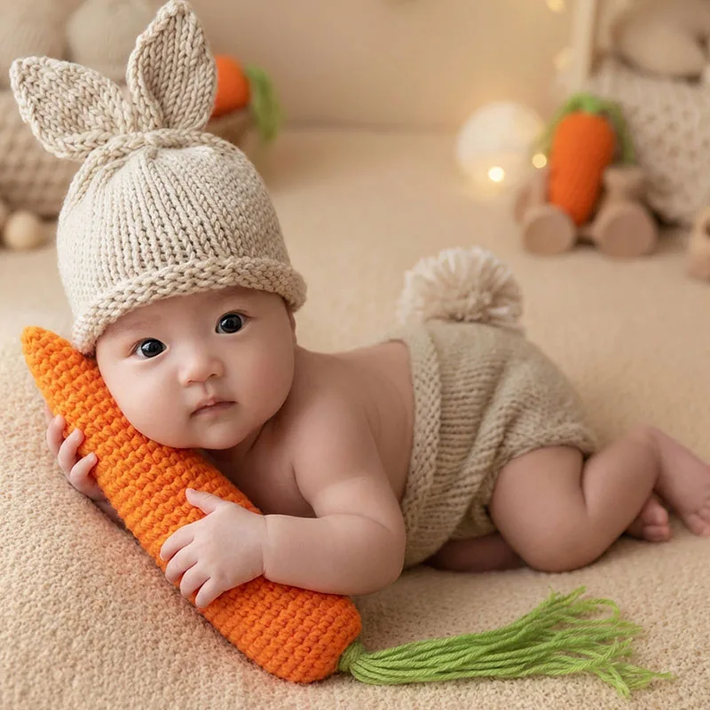 Newborn Photography Props Rabbit Bunny Costume Set 3Pcs Crochet Knit Hat Shorts Carrot Toy Infant Baby Photo Shoot Clothing