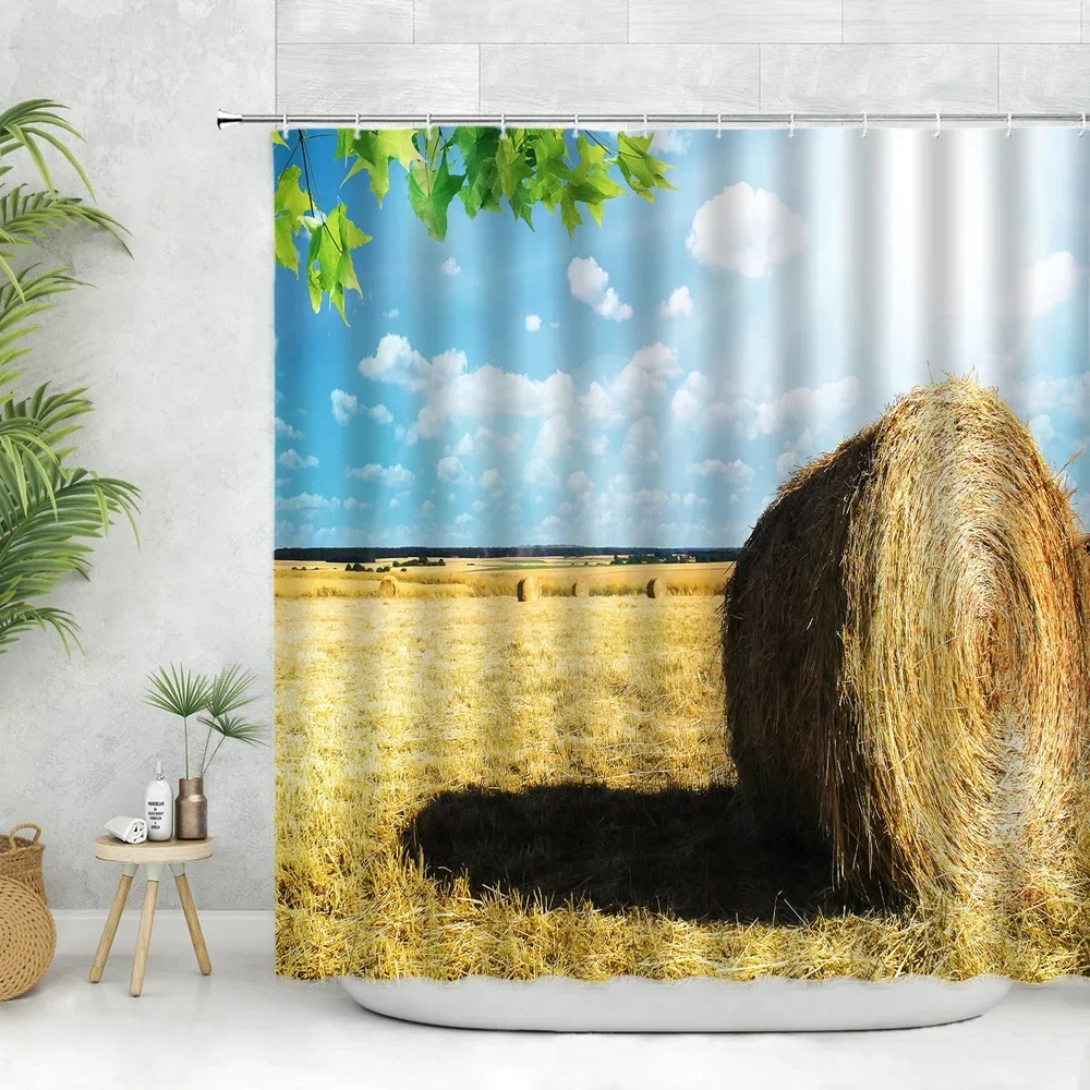 Farm Haystack Shower Curtain Autumn Harvest Season Wheat Field Natural Landscape Rural Fabric Decoration Bathroom Curtain Hooks