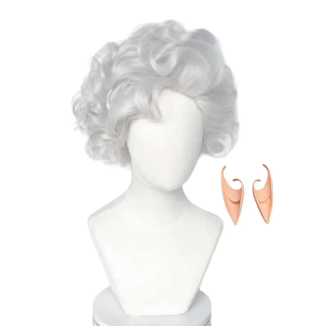 Baldur's Gate 3 Astarion Wig with Ear Cosplay Anime Game Party Silver Grey Curly Short Wig