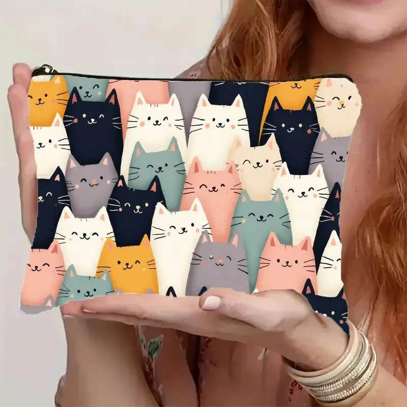 Adorable Cartoon Cat Print Makeup Bag With Zipper Closure Vibrant Multicolored Kitty Cosmetic Pouch, Ideal for Daily Essentials