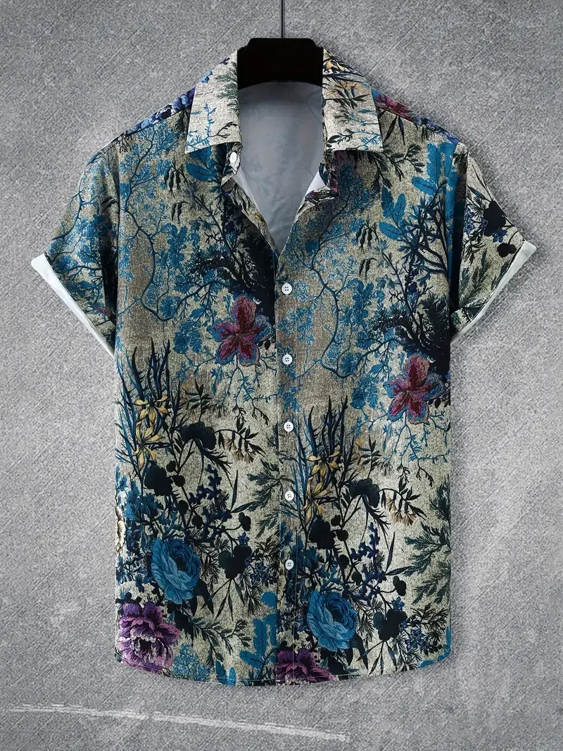 

Men's Novel Flower Print Summer Casual Short Sleeve Button Flip Collar Shirt Fashion Plant Design Summer Hawaiian Shirt