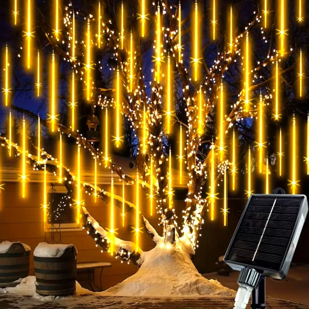 Solar Meteor Shower Lights Warm White 10 Tubes Waterproof for Christmas Halloween Outdoor Tree Garden Party Balcony Decor