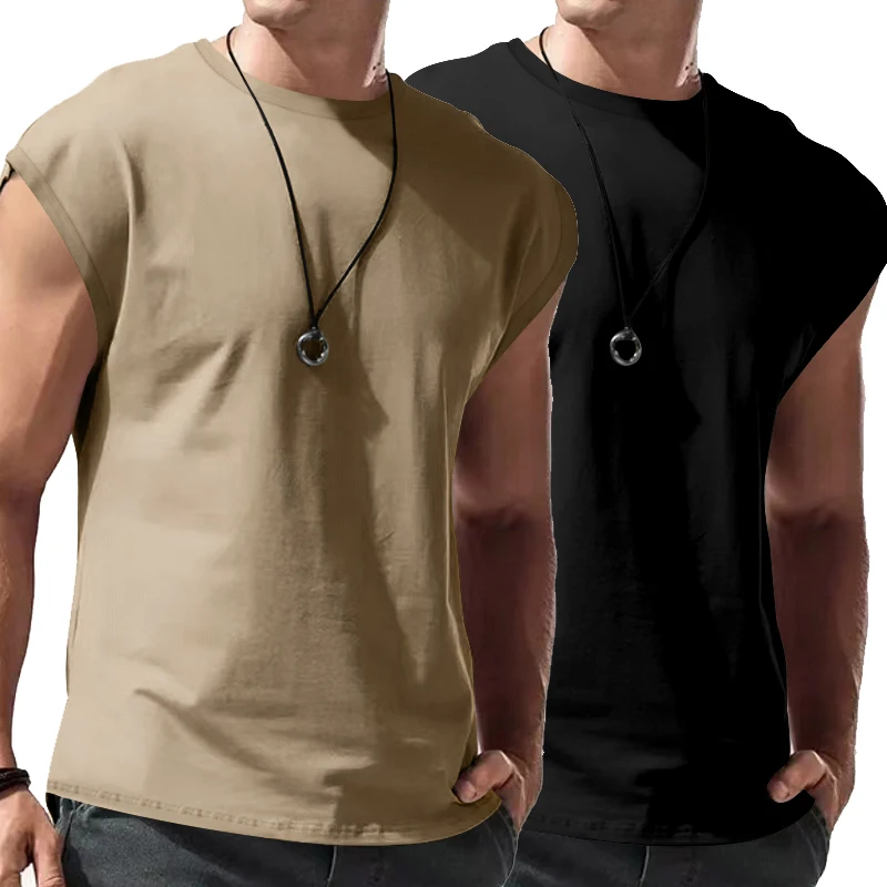 Amazon cross-border summer new sleeveless T-shirt casual loose solid color thin waistcoat T-shirt men's shirt two combination