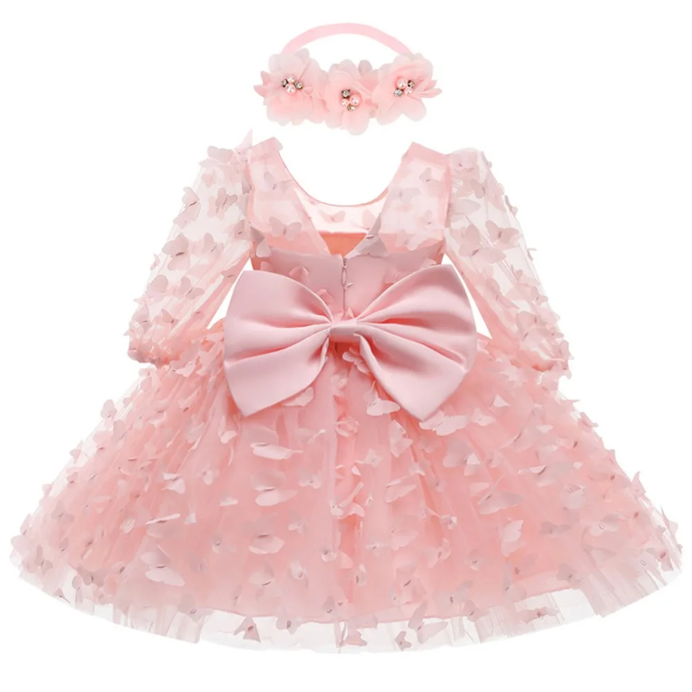 

0-2 Year Old Baby Girl Wedding Party Costume 3D Butterfly Decoration Long Sleeved Mesh Bow Princess Dress Solid Color