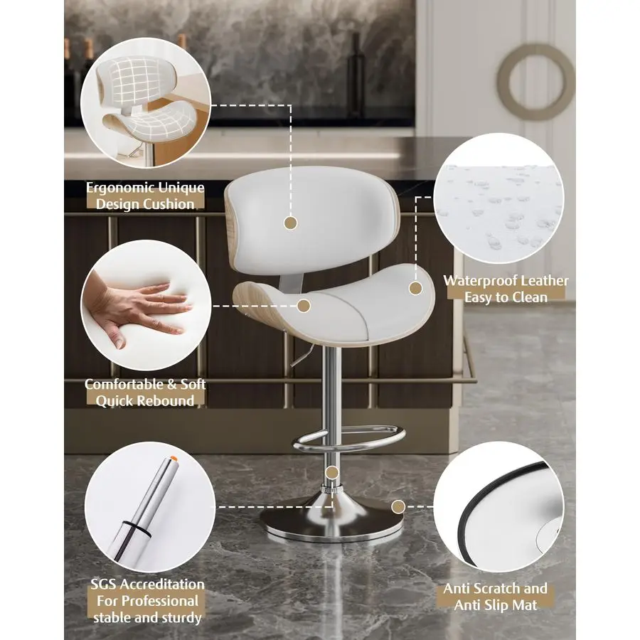 Stools Set of 3, Adjustable Swivel Leather Bar Stools for Kitchen Island, Mid Century Modern Counter Height Bar Chairs Barstool