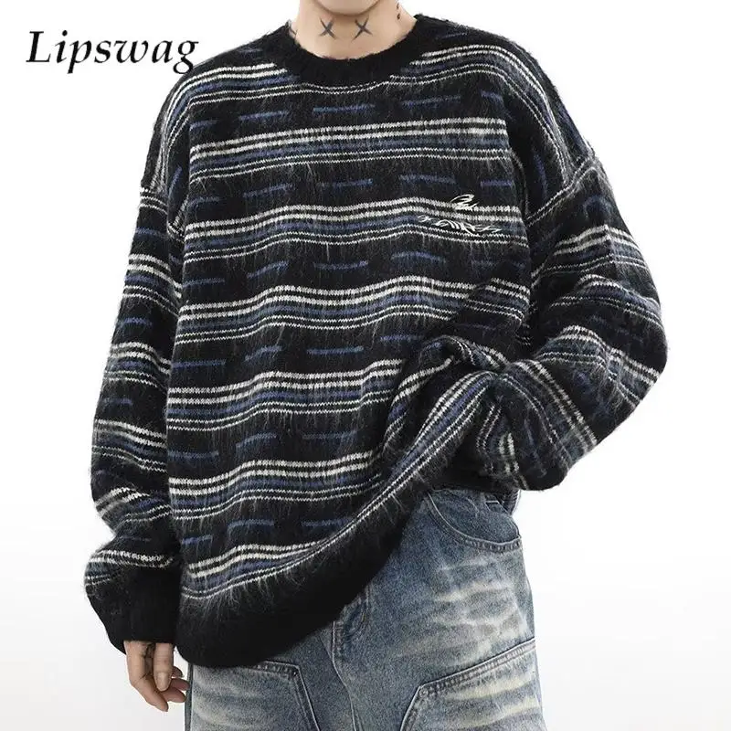 

Винтажный мужской вязаный свитер, пуловер, топы с длинным рукавом и круглым вырезом, полосатые свитера, мужские осенне-зимние модные вязаные джемперы с вышивкой