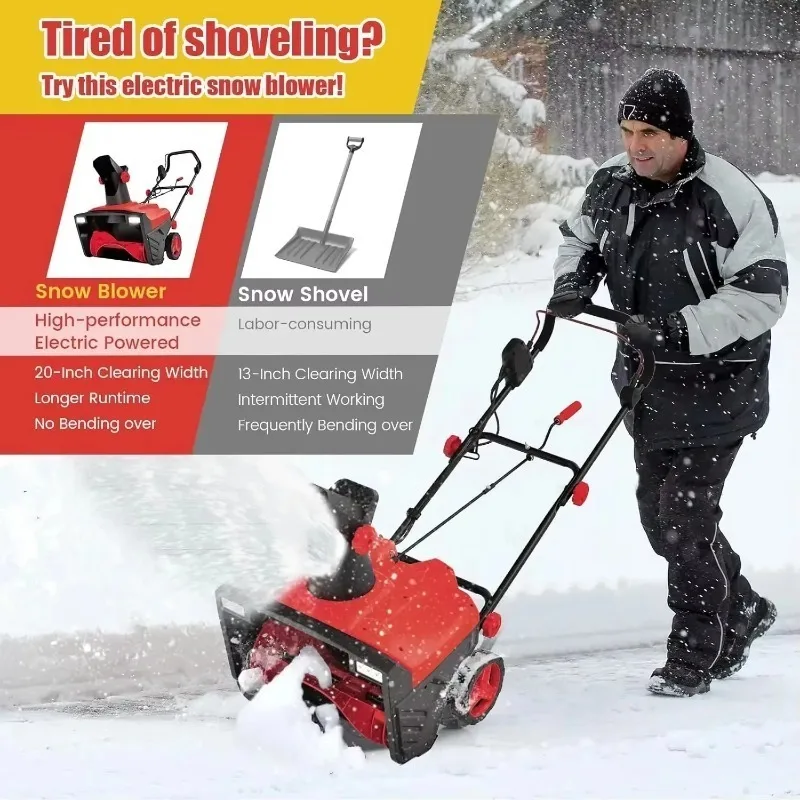 Small Electric Home Walk-Behind Snow Cleaning Blower Remover 15 AMP 20-Inch Corded Snow Sweeper Cart with 180° Rotating Chute