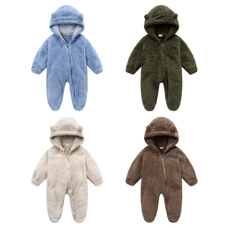 UNIFEMEN Autumn Winter Newborn Baby Overalls Plus Velvet Hooded Newborn Girl Romper 0-1 Years Infant Toddler Boy Jumpsuit Outfit