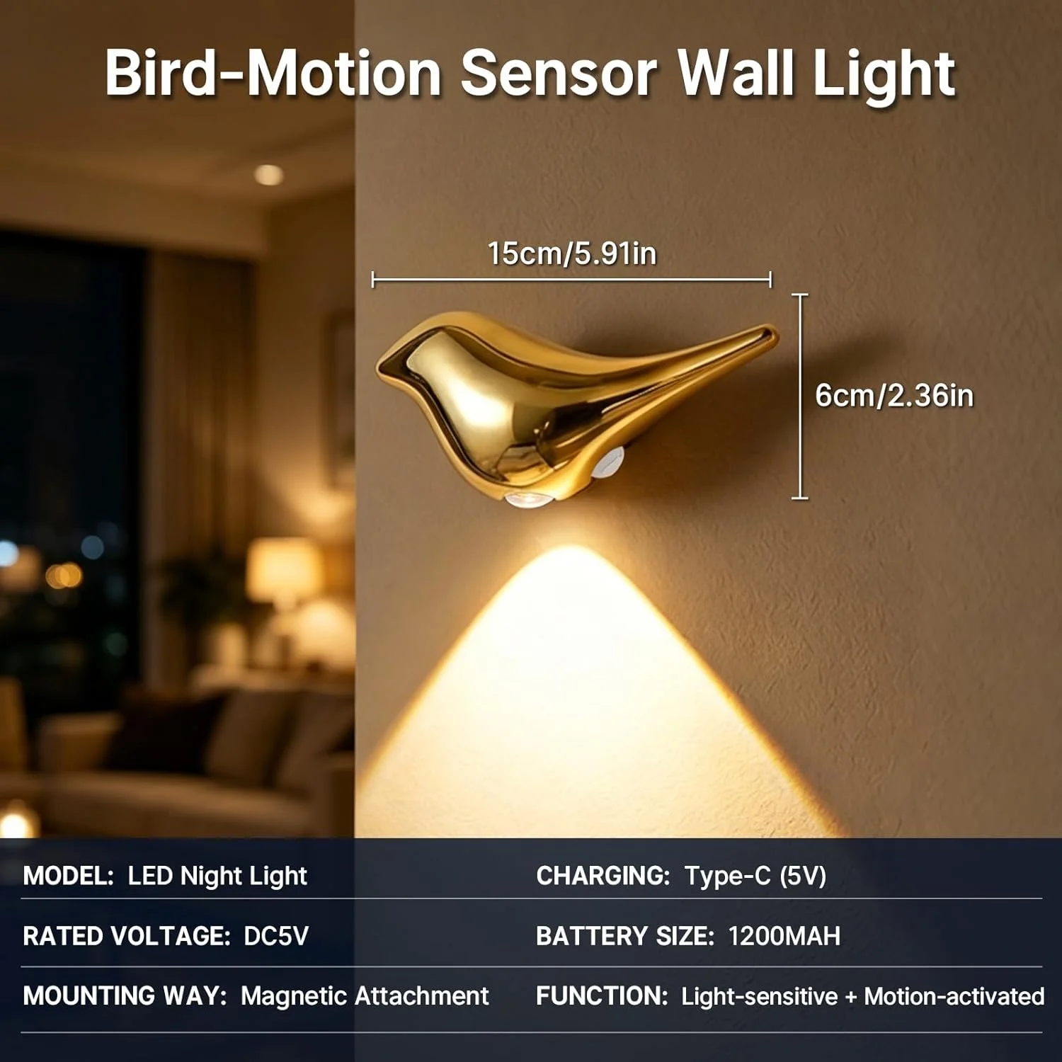 Home Decor Gold Small Birds Modern Style Motion Sensor Night Light Adjustable Brightness Indoor for Bedroom,bathroom, Stairs