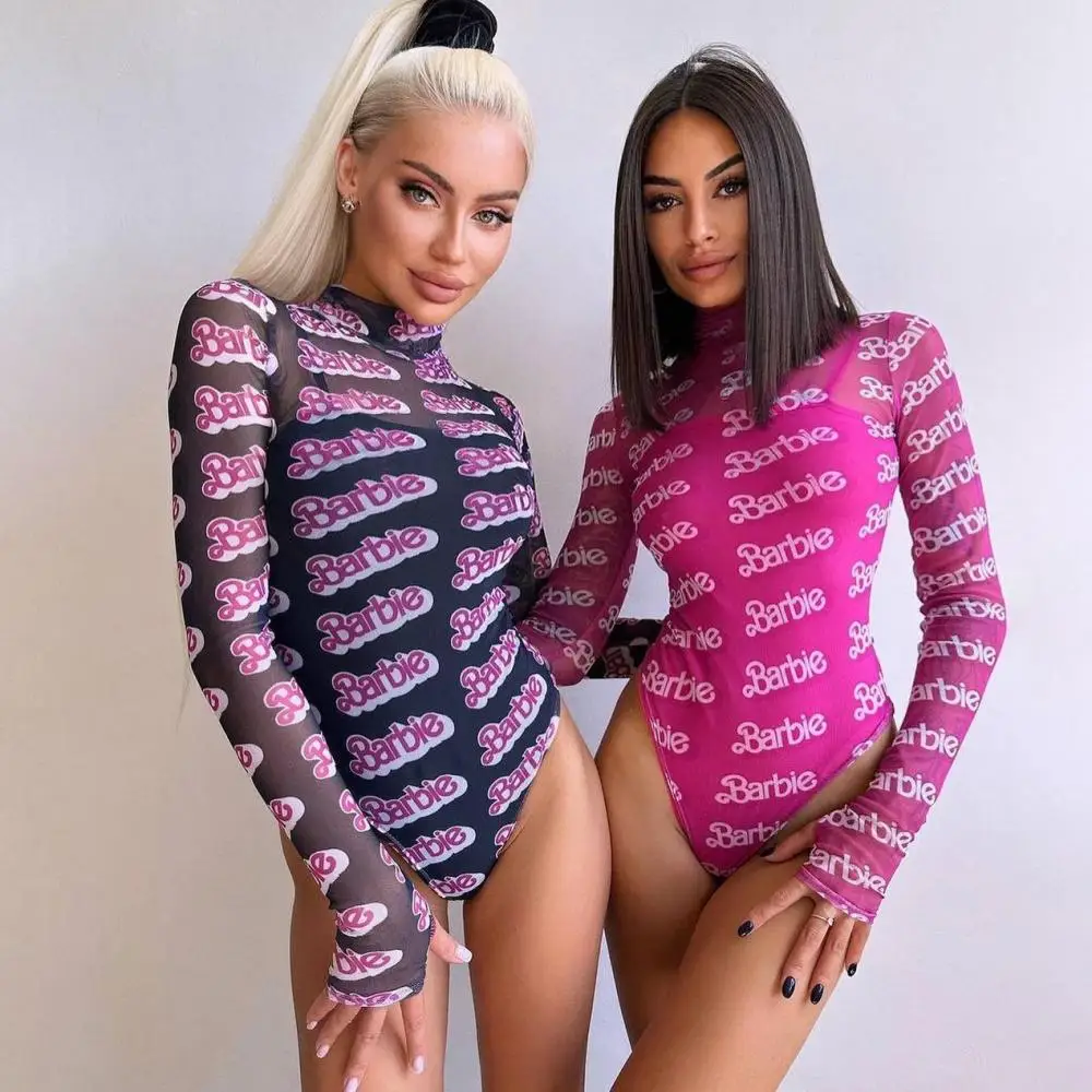 Barbie Sexy Women Bodysuit Long Sleeve Letter Print 1-Piece Leotard Tops Slim Fit Jumpsuit European American Spicy Girls Clothes