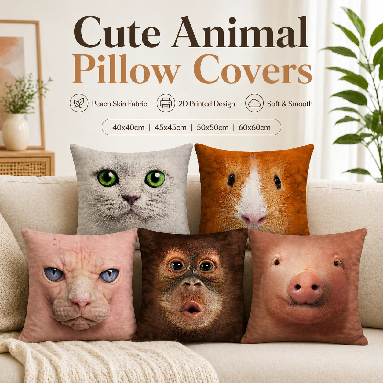 

Realistic Animal Face Cushion Cover 2D Flat Print Cat Pig Orangutan Peach Skin Pillowcase for Sofa Living Room Home Decor 45x45