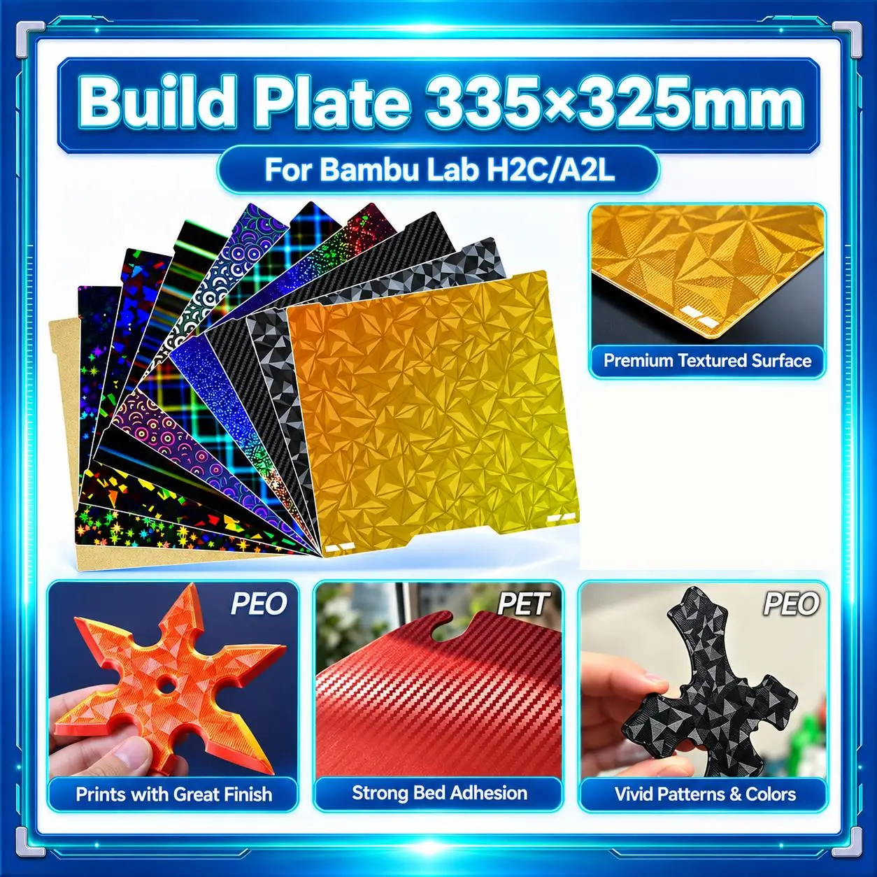 For Bambu Lab A2L H2C Build Plate 335x325mm Resistant to High Temperatures Easy Installation Durable Wear-Resistant PEI PET PEO