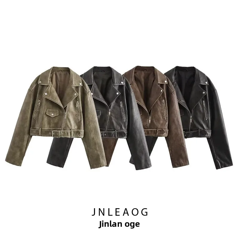 เสื้อโค้ทผู้หญิง JNLEAOG แฟชั่น หนังเทียม แต่งเข็มขัด สีพื้น ผ้าโพลีเอสเตอร์ แขนยาว ซิป รุ่นใหม่ สำหรับฤดูใบไม้ร่วง