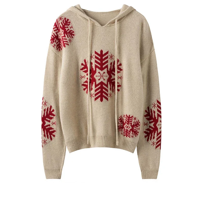 winter new style snowflake jacquard 100% cashmere christmas hoodies sweater