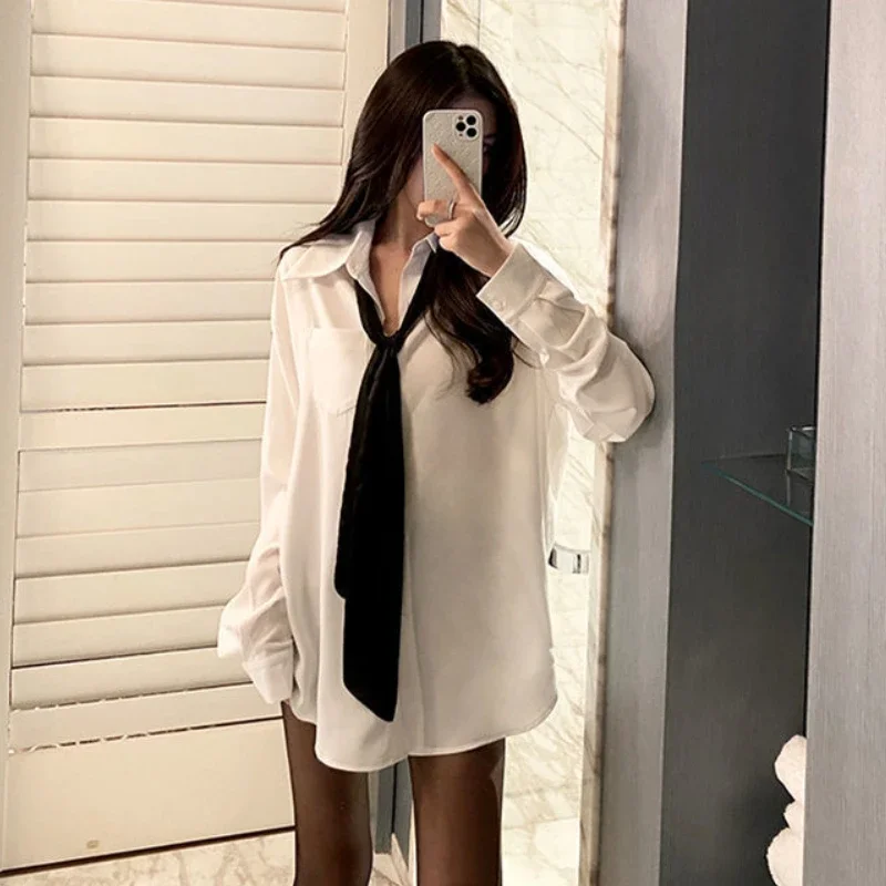 DAYIFUN Women White Blouses with Black Scarves Spring Summer Long Sleeve Solid Shirts with Pocket Sexy Tops Office Ladies Shirt