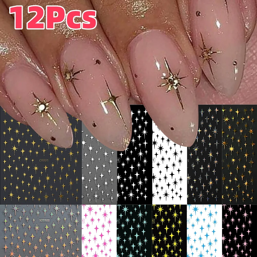 12 Stück 3D Silber Stern/Buchstabe Nail Art Aufkleber holographische Zahl/Blume/Herz selbstklebende Aufkleber Y2K Maniküre Dekorationen Slider