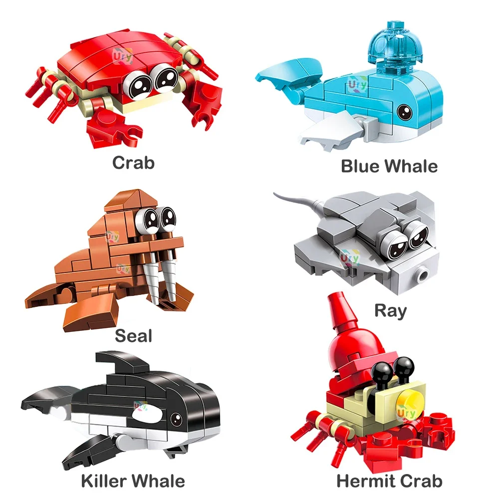 Moc 12in1 Ocean Marine Fish Animals Lobster Killer Whale Seal Ray Hermit Crab Model Set Building Blocks Diy Toys for Kids Gifts