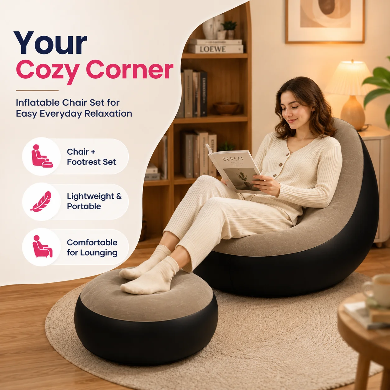 1PC Inflatable Lounge Chair, Portable Air Sofa Chair Flocked Surface, Comfortable Backrest Footrest for Bedroom